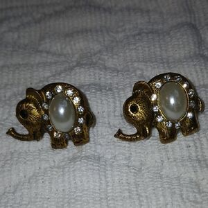 Gold Elephant Earrings with Pearl and Rhinestones